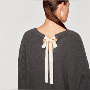 Zara Ribbon Tie Back Charcoal Boxy Crew Neck Ribbed Sweater Size S